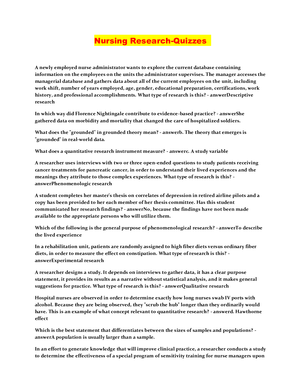 Preview image of Nursing Research-Quizzes document